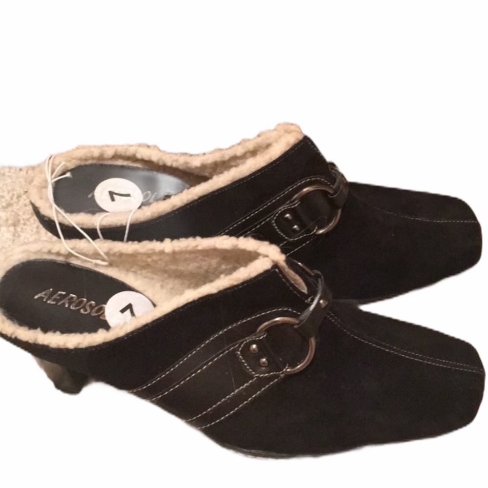 NWT AEROSOLES clogs mules fur heels suede black 7